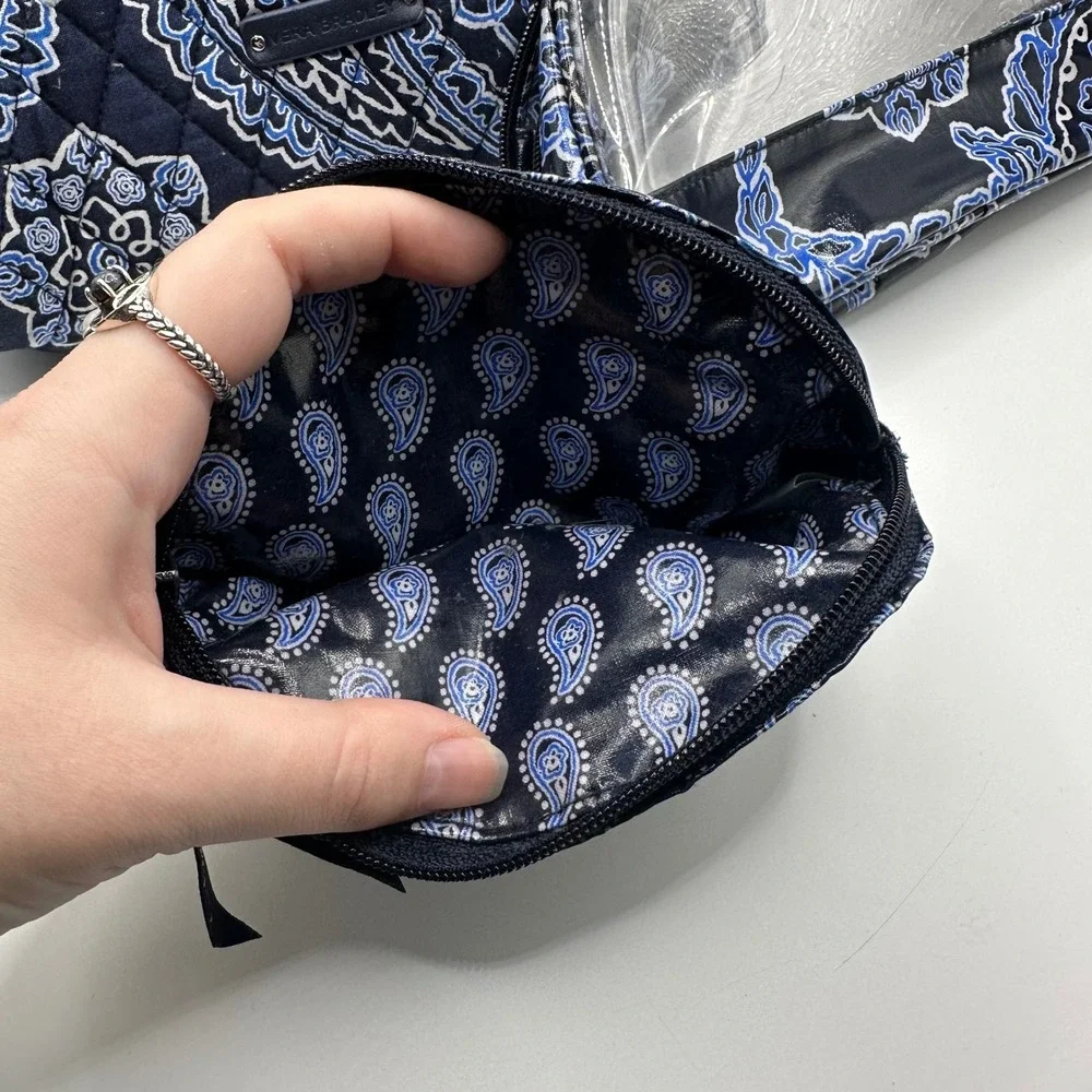 Vera‎ Bradley 3 Piece Cosmetic Bag Set Navy Blue Paisley Quilted Clear Travel